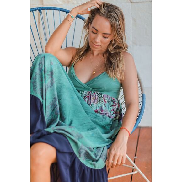 Resort Dress by T. ZOVICH Maxi Dress Mixed Media Green Floral V-Neck Spaguetti M - Picture 14 of 15